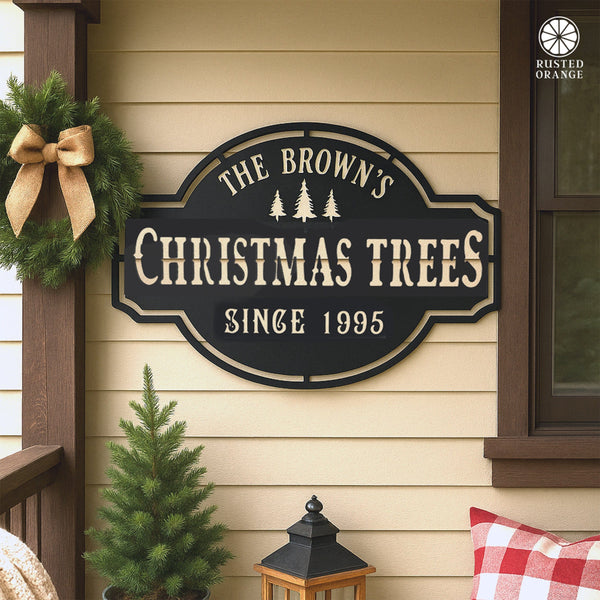 Rusted Orange Craftworks Co. Seasonal & Holiday Decorations Personalized Christmas Trees Metal Sign – Custom Holiday Farmhouse Wall Decor, Rustic Christmas Wall Art, Laser-Cut Metal Family Holiday Sign