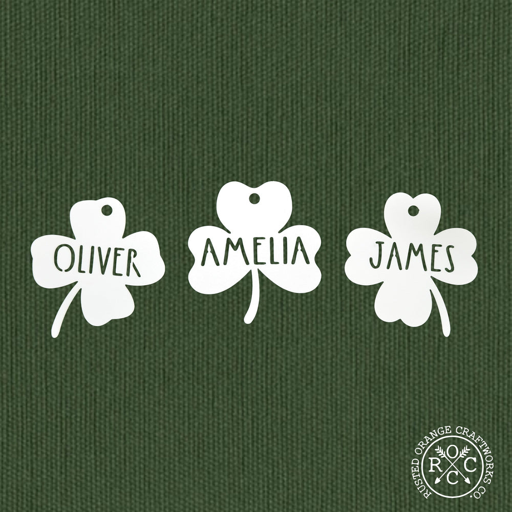 Rusted Orange Craftworks Co. Seasonal & Holiday Decorations Personalized Shamrock Name Tags – Set of 3 Custom Metal Clover Cutouts