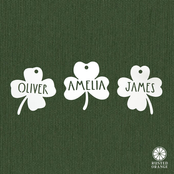 Rusted Orange Craftworks Co. Seasonal & Holiday Decorations Personalized Shamrock Name Tags – Set of 3 Custom Metal Clover Cutouts