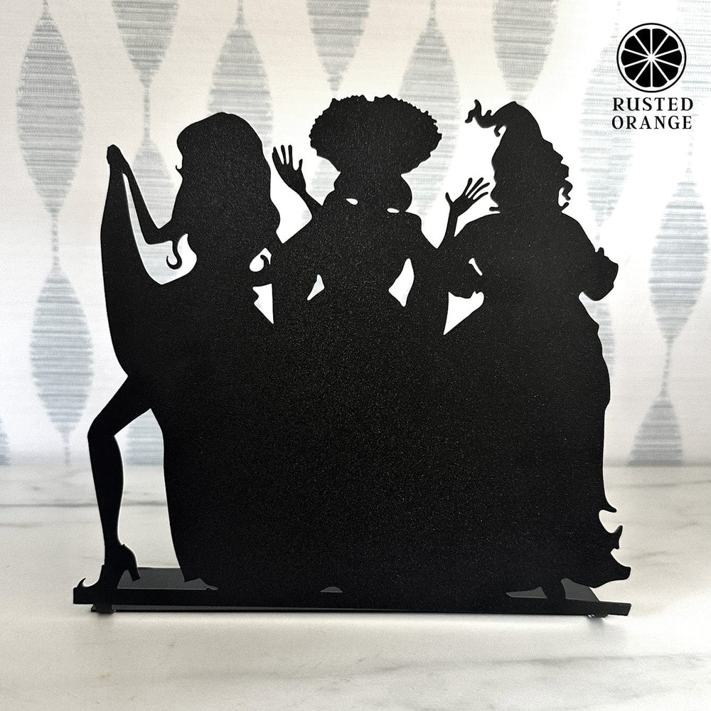 Rusted Orange Craftworks Co. Three Salem Sisters Tabletop Silhouette | Halloween Witch Trio Outline Décor | 9" Metal Standing Sign with Bendable Tab