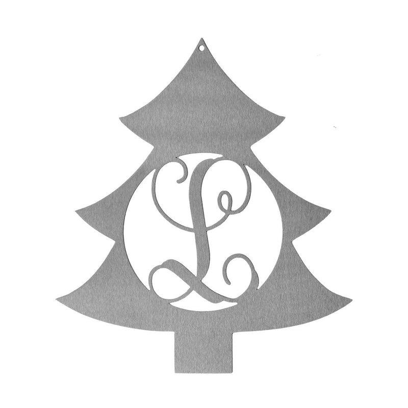 Metal Christmas tree shape cutout with monogram in the center, shown against white background.