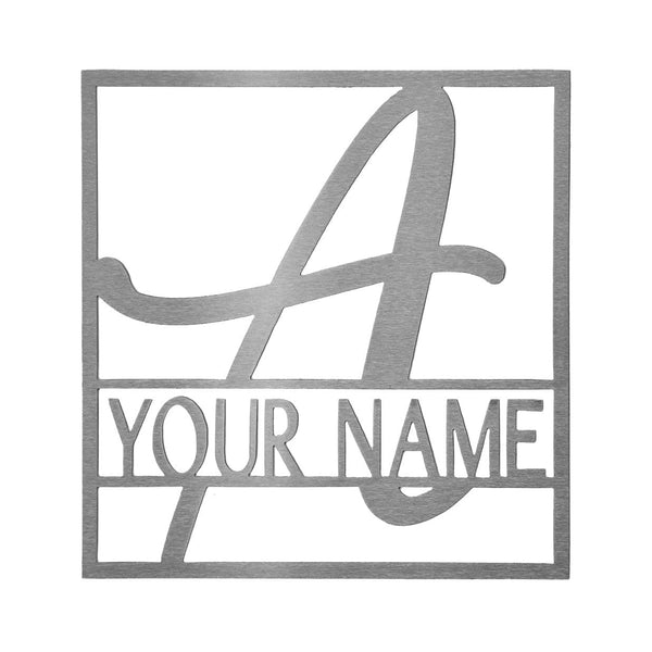 Metal square sign with name and monogram in center, against white background.