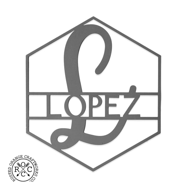Hexagon shaped metal sign with last name and monogram in center, shown against white background.