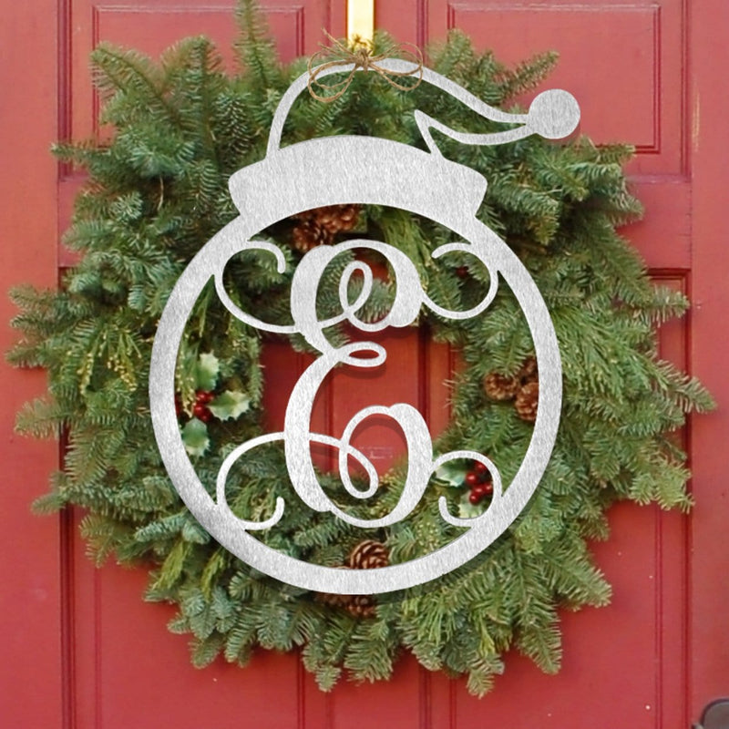 santa hat monogram on front door wreath