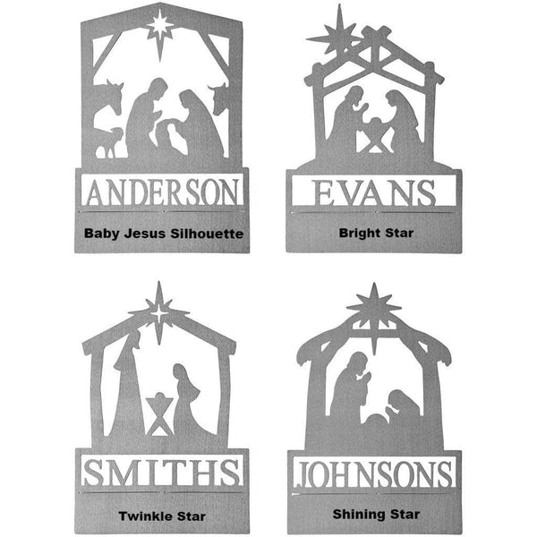 4 metal single piece nativities with last name at the bottom, showing different styles.