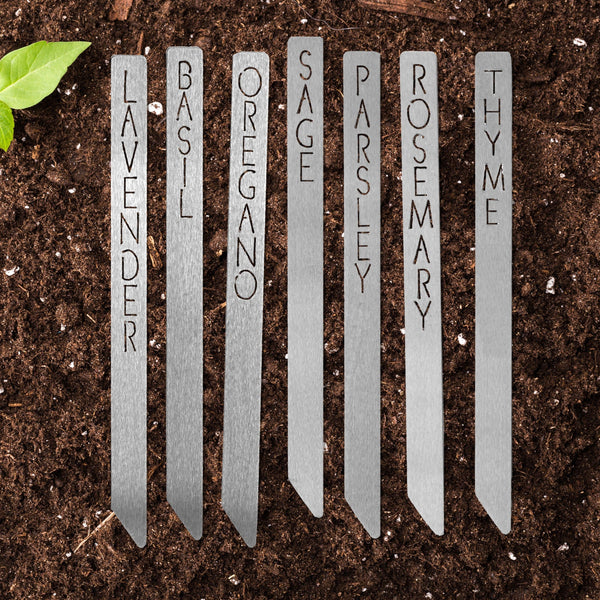 Metal garden markers lying in the dirt