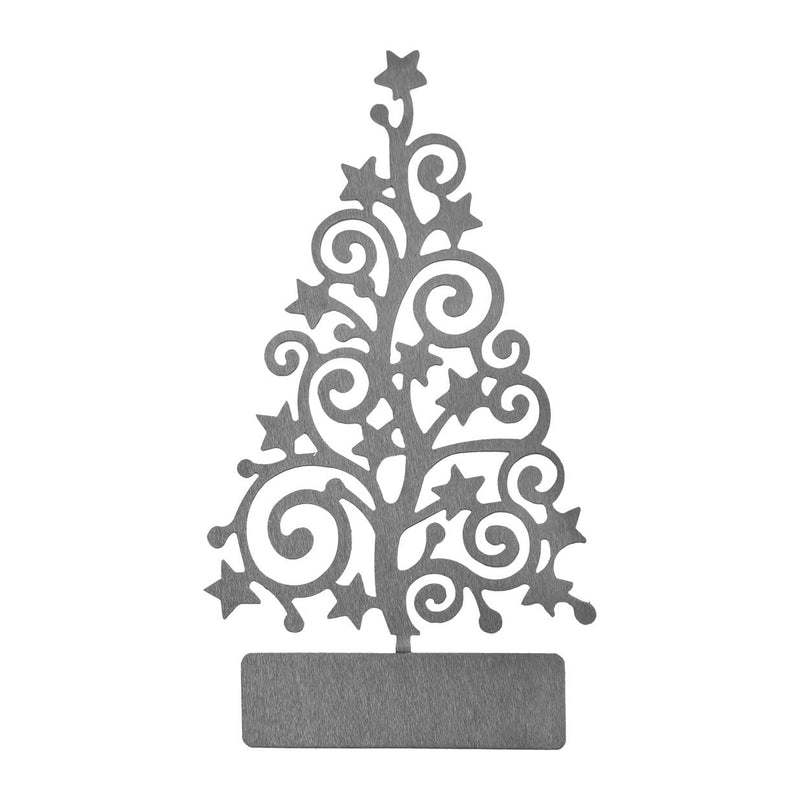 Metal Christmas tree cutout with swirls and stars throughout, shown against white background.
