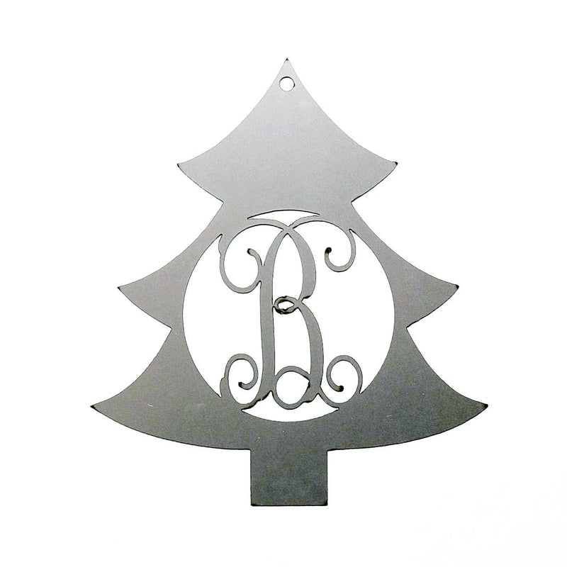 Metal Christmas tree shape cutout with monogram in the center, shown against white background.