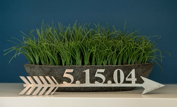 arrow sign next to planting bowl