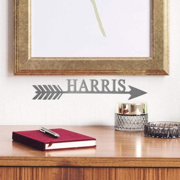 arrow sign on wall Above dresser