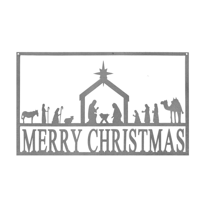 Rectangle metal sign saying merry Christmas below nativity scene silhouette, shown against white background.