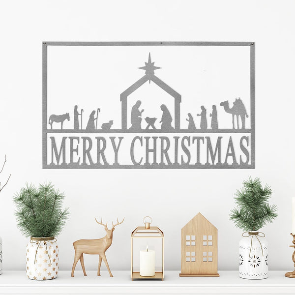 Rectangle metal sign saying merry Christmas below nativity scene silhouette, hanging on wall above shelf.