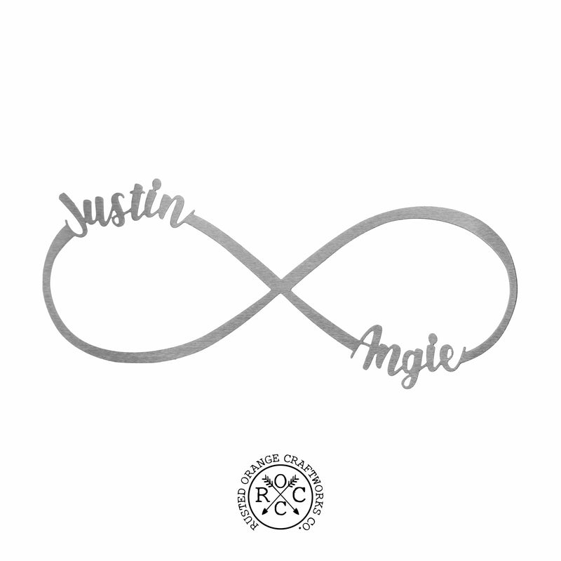 metal infinity sign with Justin and Angie personalization on a white background with Rusted Orange Craftworks Co logo
