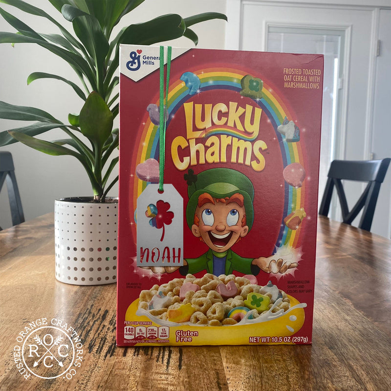 shamrock gift tag on lucky charms box