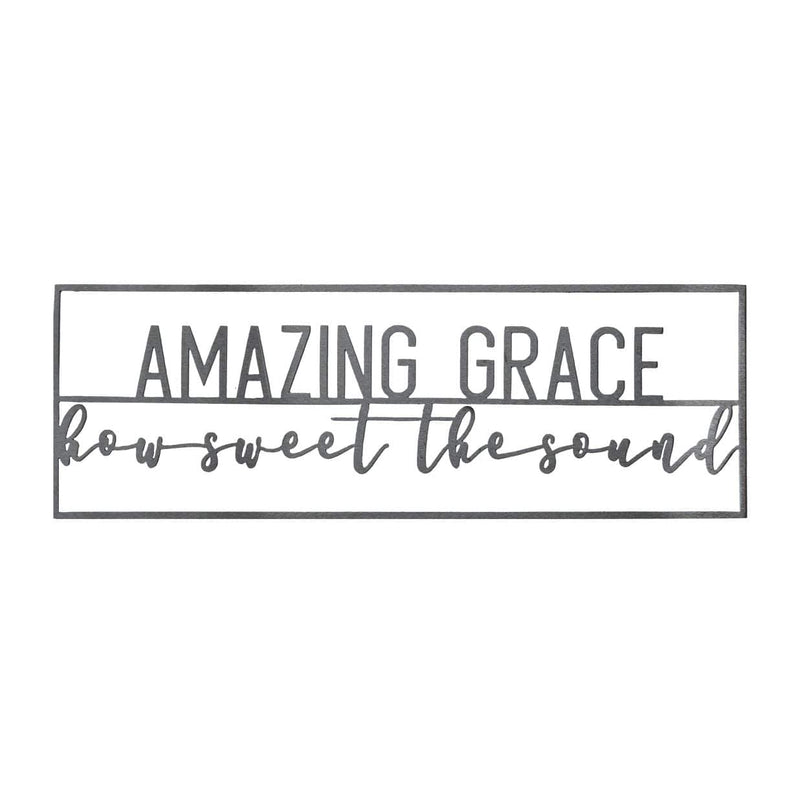 Metal rectangle sign saying amazing grace how sweet the sound shown against white background.