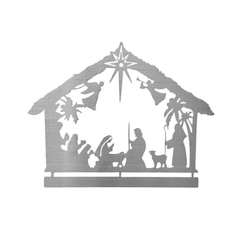 Metal nativity scene silhouette shown against white background.