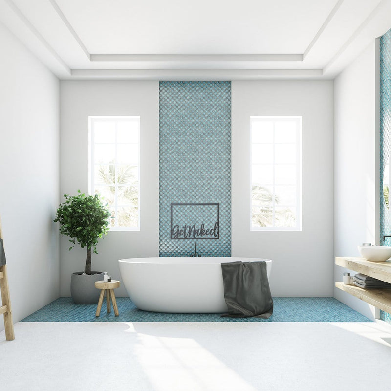 Metal rectangle humorous bathroom phrase sign hanging on wall above bathtub.