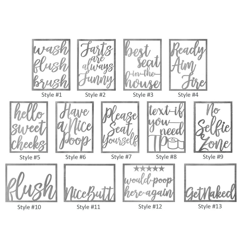 Metal rectangle humorous bathroom phrase signs showing 13 different styles.