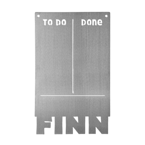 Magnetic board with to do and done etched on top and custom name at bottom, shown against white background.