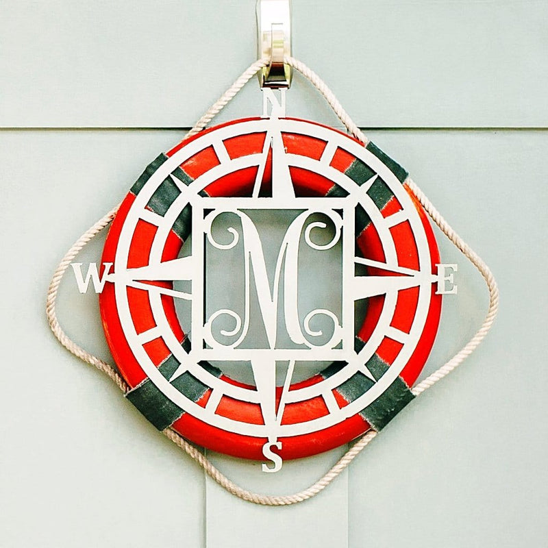 compass rose monogram on beach front door wreath