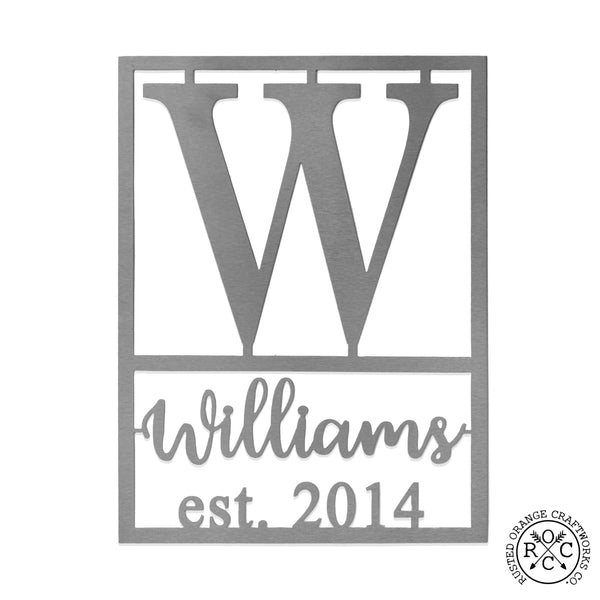 Personalized metal sign with monogram, name, and established date against white background.