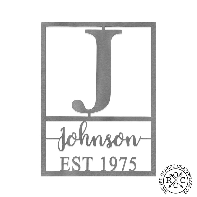 Personalized metal sign with monogram, name, and established date against white background.