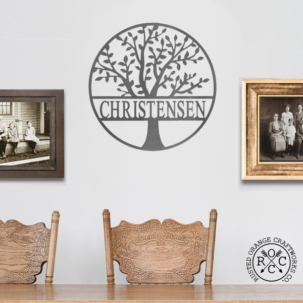 Rusted Orange Craftworks Co. Decorative Plaques 15 inch Family Tree Monogram  - 3 Sizes - Metal Personalized Last Name Signs for Wall or Door Decor