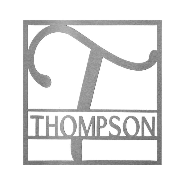 Metal square sign with name and monogram in center, against white background.