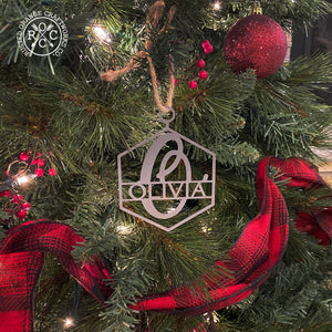 monogram ornament on christmas tree
