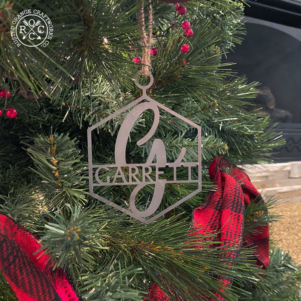 monogram ornament on christmas tree