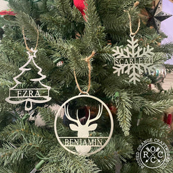 snowflake pine tree and deer ornaments