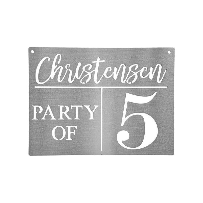 Square metal sign saying Christensen party of 5 shown against white background.