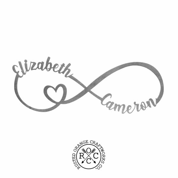 metal infinity sign with Elizabeth and Cameron personalization with heart cutout on a white background with Rusted Orange Craftworks Co logo