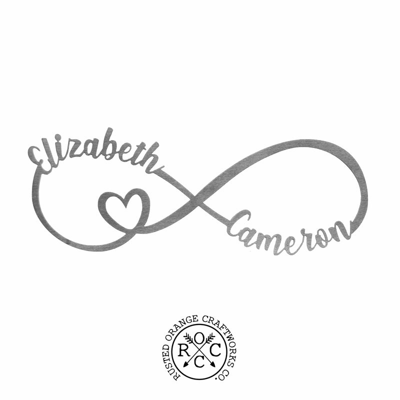 metal infinity sign with Elizabeth and Cameron personalization with heart cutout on a white background with Rusted Orange Craftworks Co logo
