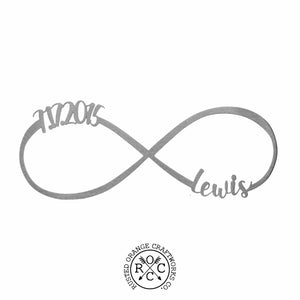 Picture of metal infinity sign with date 7.17.2015 and name Lewis on a white background
