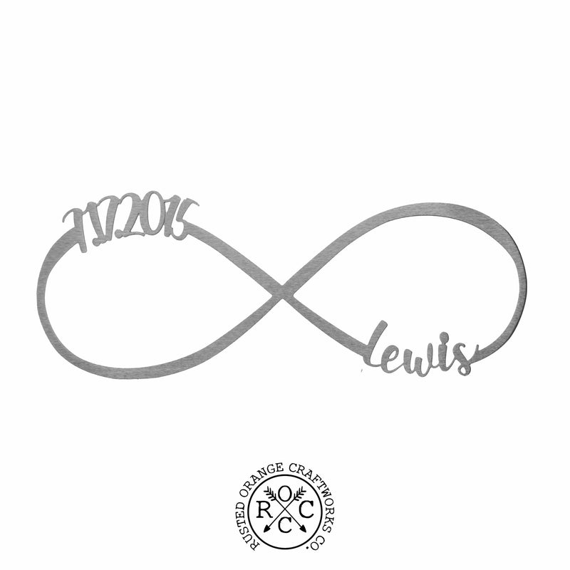 Picture of metal infinity sign with date 7.17.2015 and name Lewis on a white background
