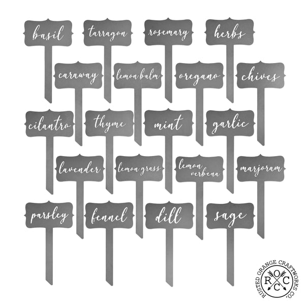 20 metal herb identification stakes shown against white background.