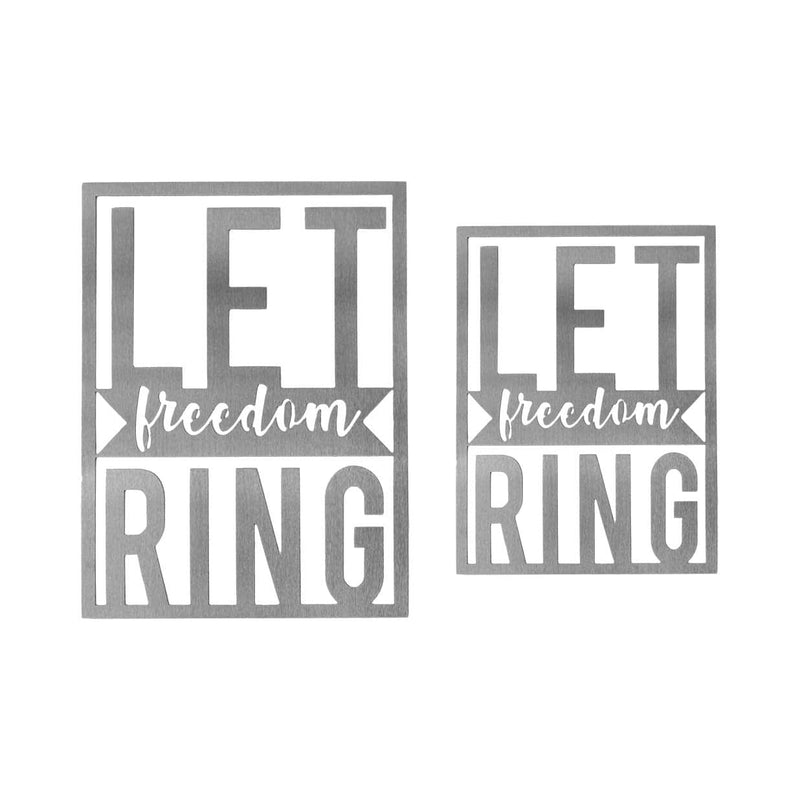2 metal rectangle signs saying let freedom ring against white background.