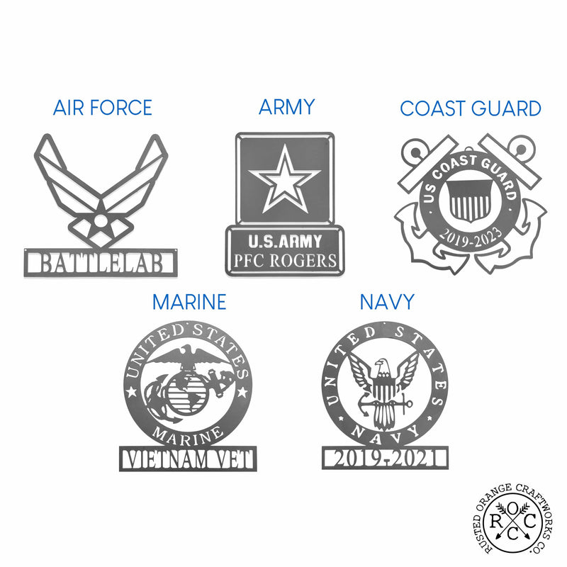 Personalized metal decor  showing names and symbols for air force, army, coast guard, marine, and navy, shown against white background.