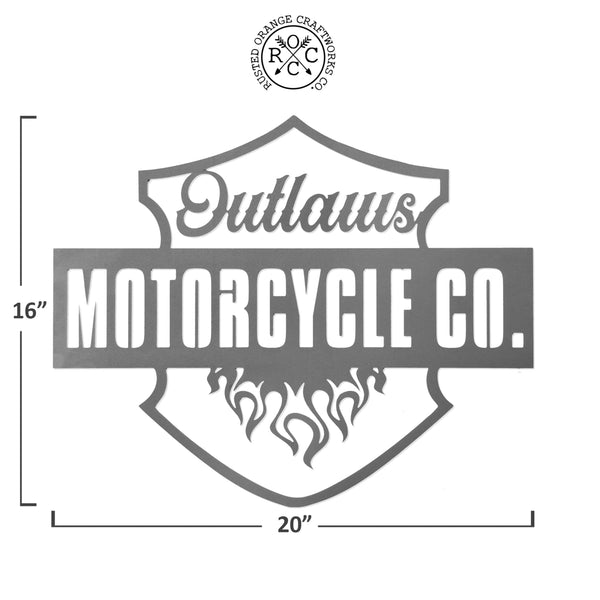 Metal motorcycle sign showing dimensions of 16 inches tall by 20 inches wide.