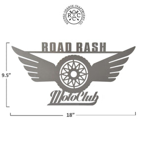 Metal motorcycle sign showing dimensions of 9.5 inches tall by 18 inches wide.