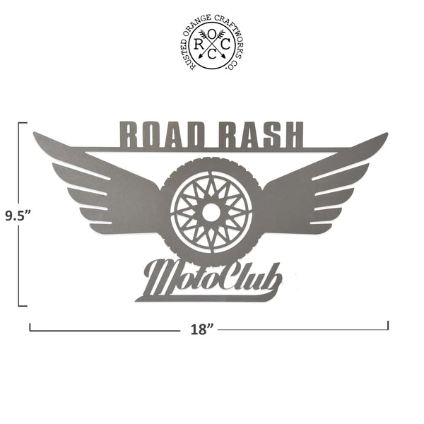 Metal motorcycle sign showing dimensions of 9.5 inches tall by 18 inches wide.