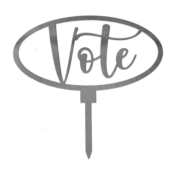 Metal oval vote sign with stake, shown against white background.