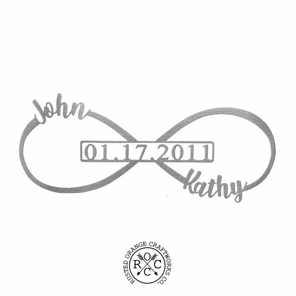 metal infinity sign with John, Kathy, and date 01.17.2011 personalization on a white background with Rusted Orange Craftworks Co logo