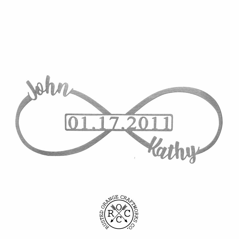 metal infinity sign with John, Kathy, and date 01.17.2011 personalization on a white background with Rusted Orange Craftworks Co logo