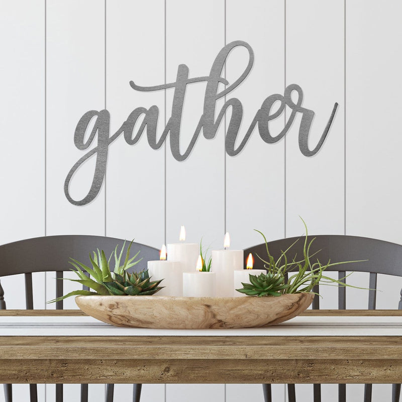 Gather sign on wall in dining room