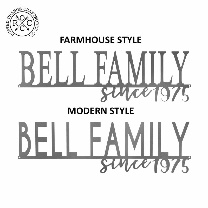 Showing metal family name sign font options of farmhouse style or modern style.