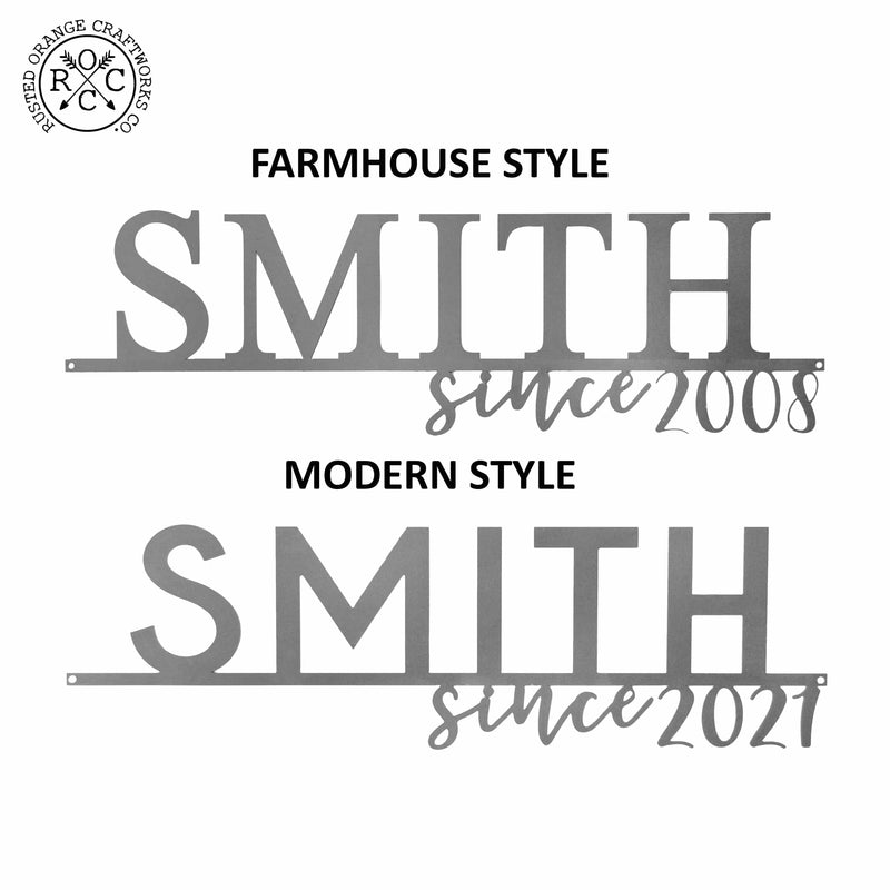 Showing metal family name sign font options of farmhouse style or modern style.