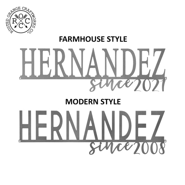 Showing metal family name sign font options of farmhouse style or modern style.