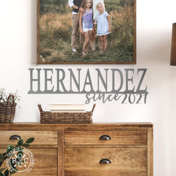 Metal family name sign hanging on living room wall below family photo.